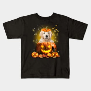 Golden Retriever Spooky Halloween Pumpkin Dog Head Kids T-Shirt